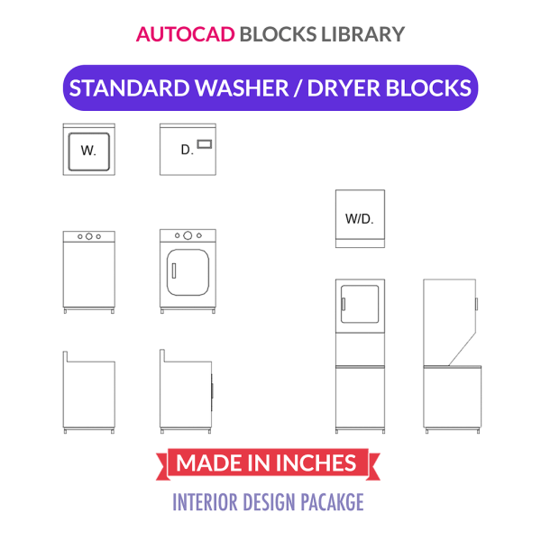Autocad Standard Washer Dryer Blocks Plan Front Side View
